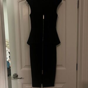 Ted Baker Black Peplum Midi Dress with Gold Zipper